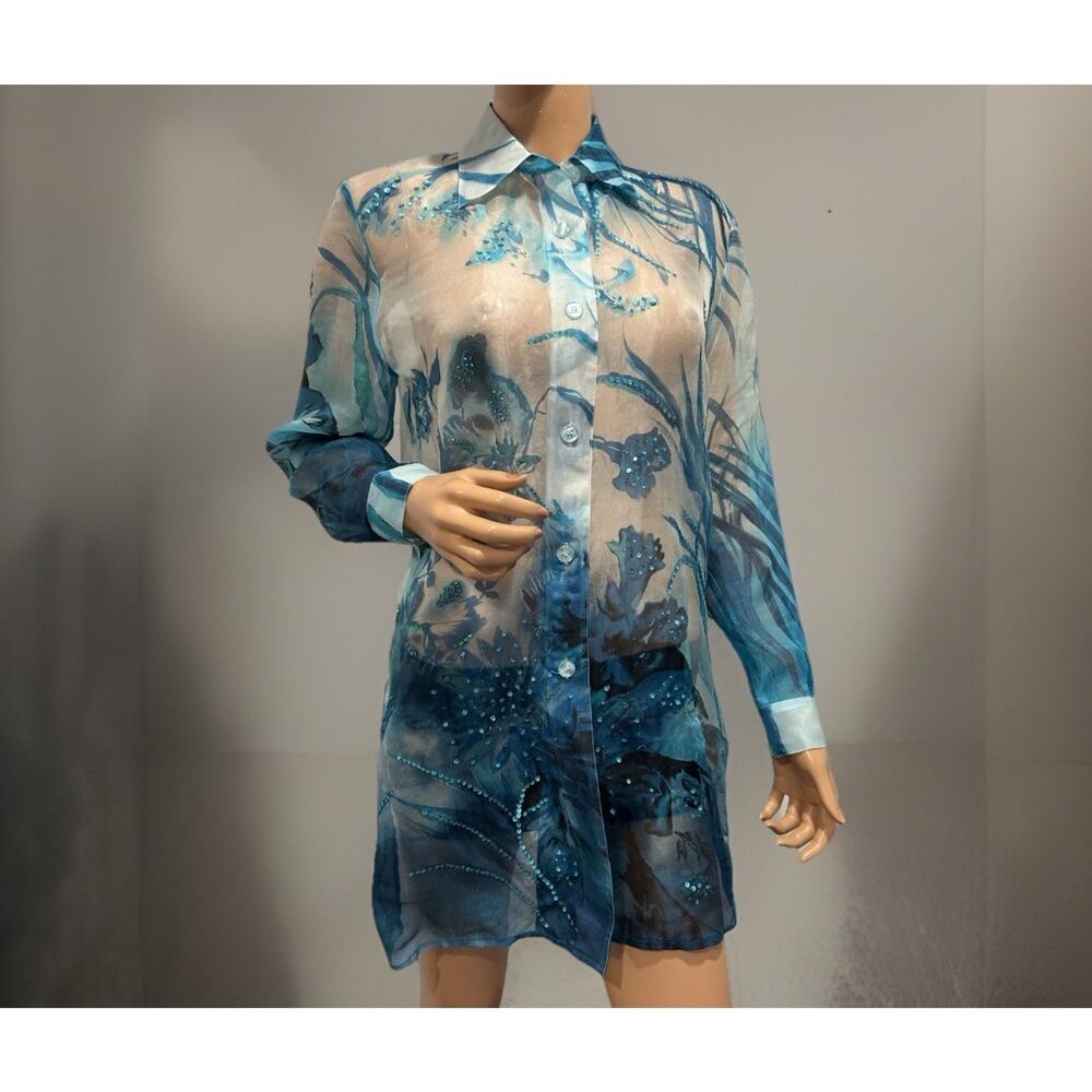 Diane gilman silk blouse small Sheer Organza Floral - Picture 2 of 9
